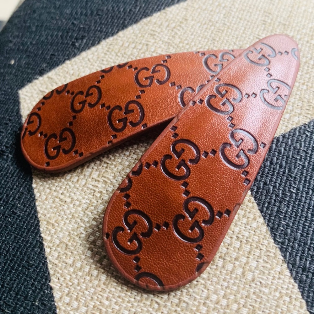 ONE (1) Leather handmade snap clip barrette embossed 3”